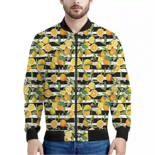 Orange And Lemon Striped Pattern Print Bomber Jacket