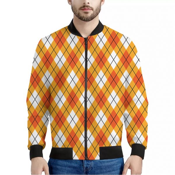 Orange And White Argyle Pattern Print Bomber Jacket