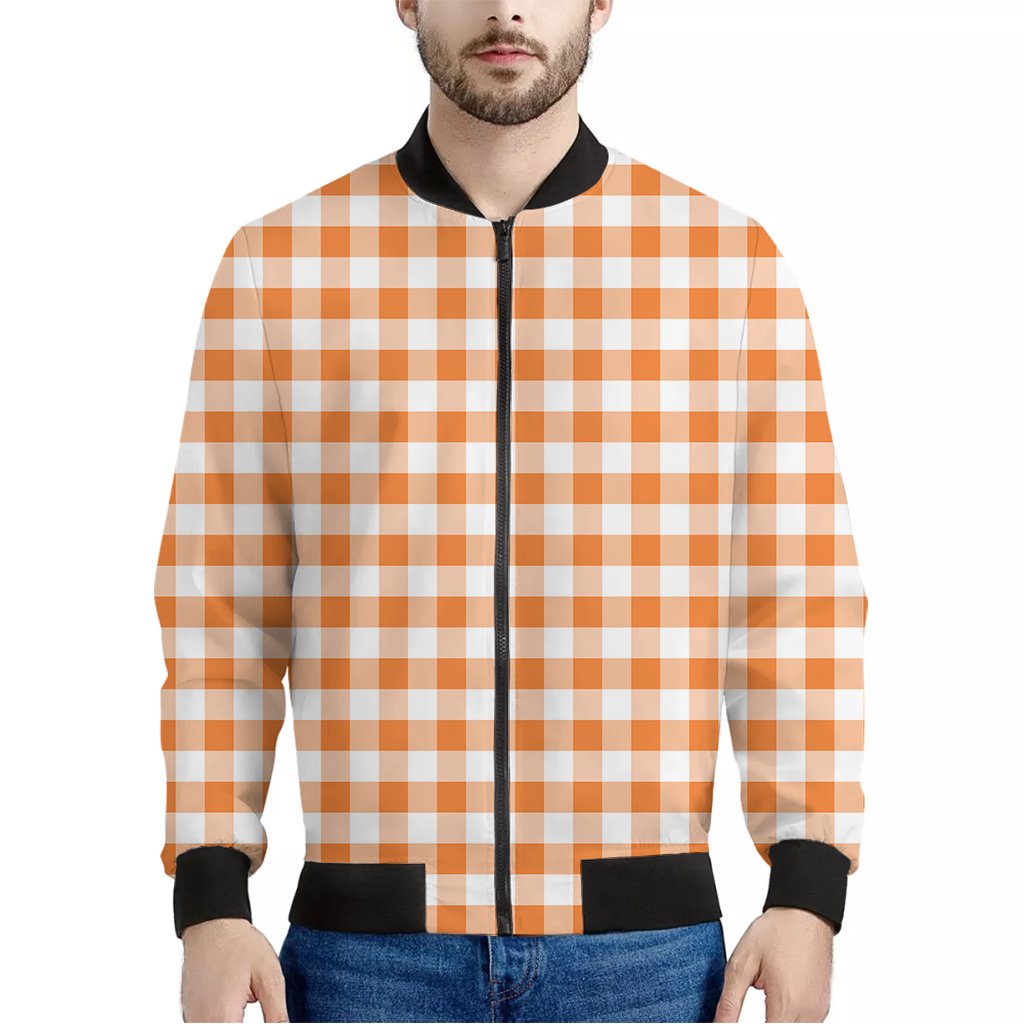 Orange-And-White-Gingham-Pattern-Print-Bomber-Jacket Orange And White Gingham Pattern Print Bomber Jacket