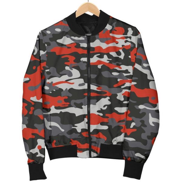Orange Black And Grey Camouflage Print Bomber Jacket