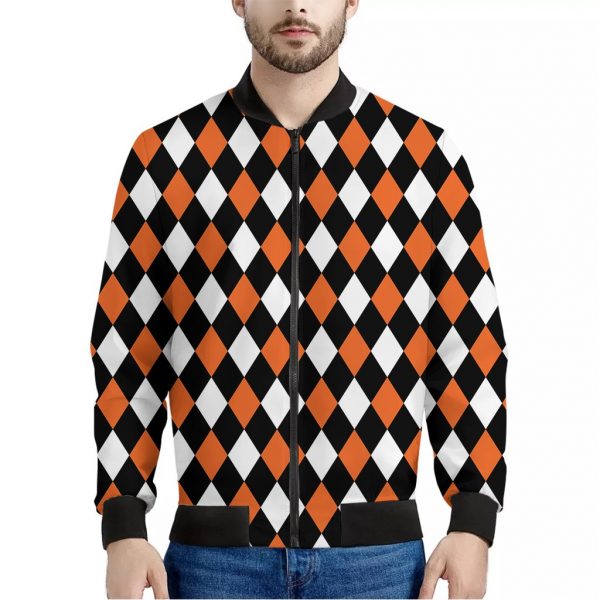 Orange Black And White Harlequin Print Bomber Jacket