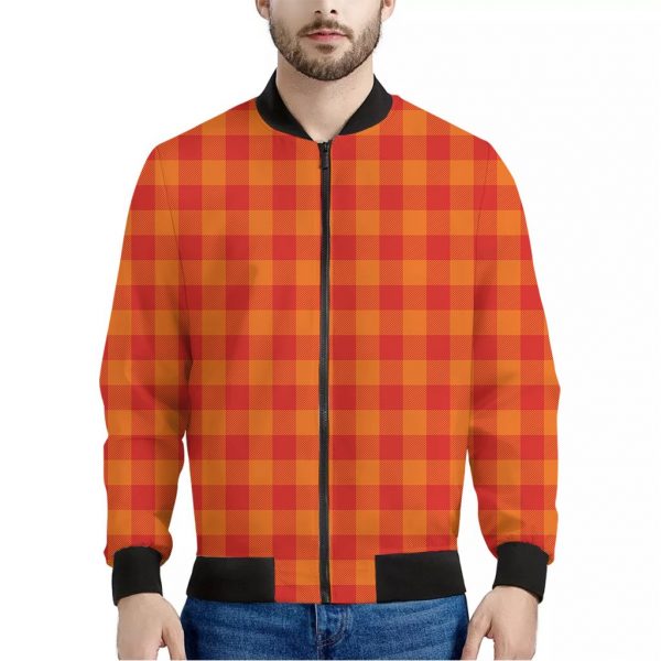 Orange Buffalo Check Pattern Print Bomber Jacket