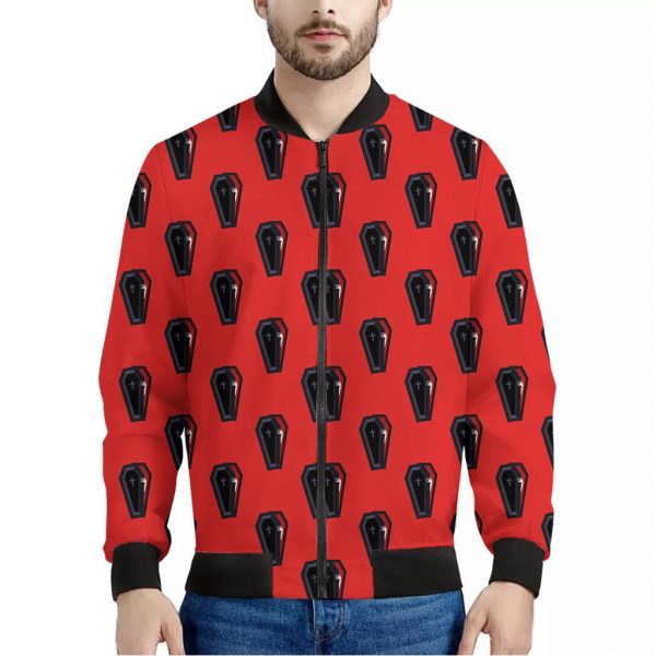 Orange Halloween Coffin Pattern Print Bomber Jacket