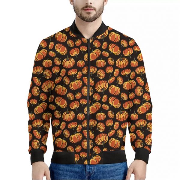 Orange Halloween Pumpkin Pattern Print Bomber Jacket