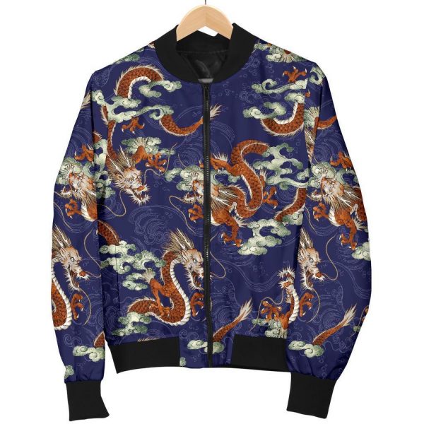 Orange Japanese Dragon Pattern Print Bomber Jacket