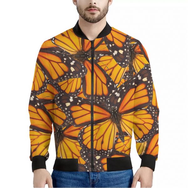 Orange Monarch Butterfly Pattern Print Bomber Jacket