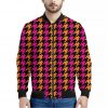 Orange Pink And Black Houndstooth Print Bomber Jacket