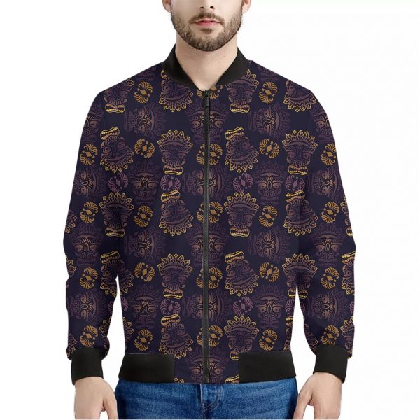 Ornament Tiki Mask Pattern Print Bomber Jacket