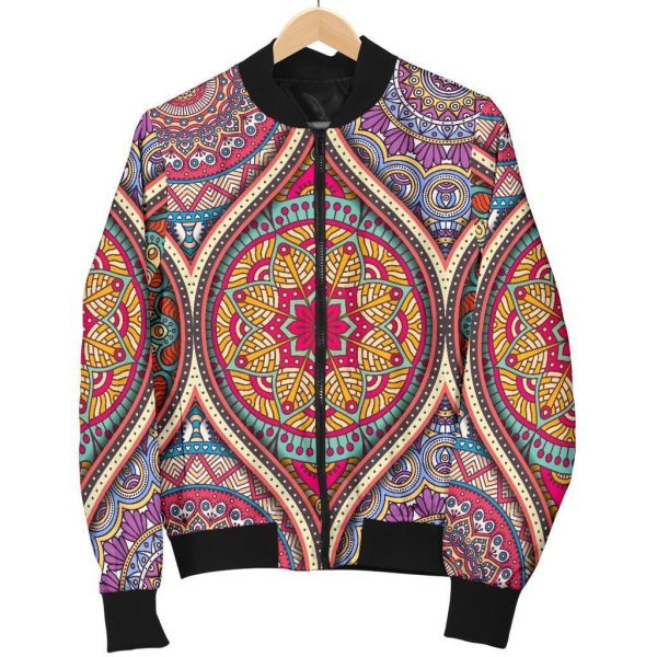 Oval Bohemian Mandala Patchwork Print Bomber Jacket