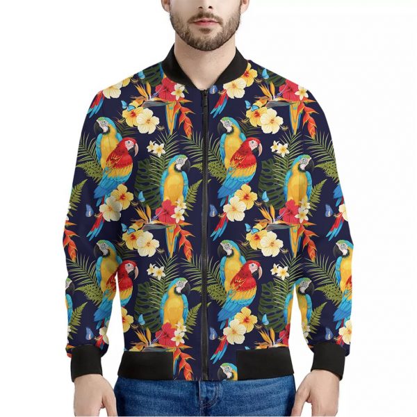 Parrot And Flower Pattern Print Bomber Jacket