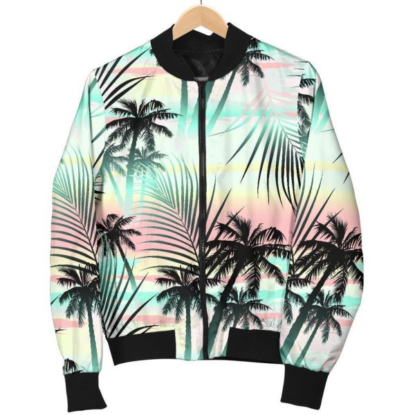 Pastel Palm Tree Pattern Print Bomber Jacket