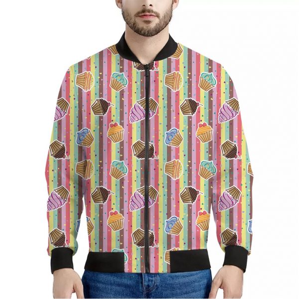 Pastel Striped Cupcake Pattern Print Bomber Jacket