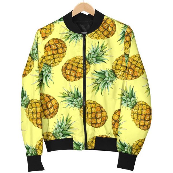 Pastel Yellow Pineapple Pattern Print Bomber Jacket