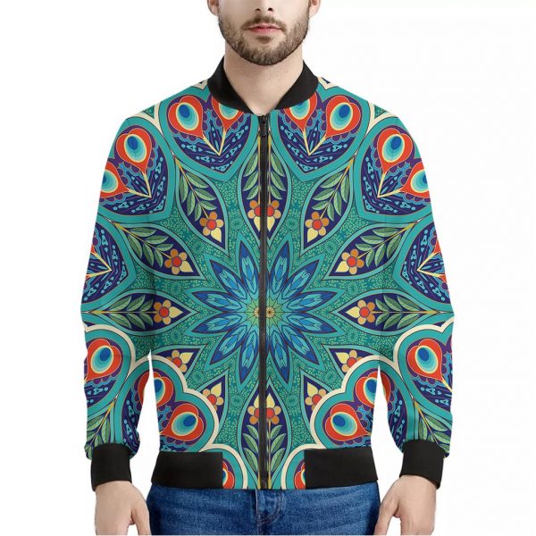 Peacock Feather Floral Pattern Print Bomber Jacket