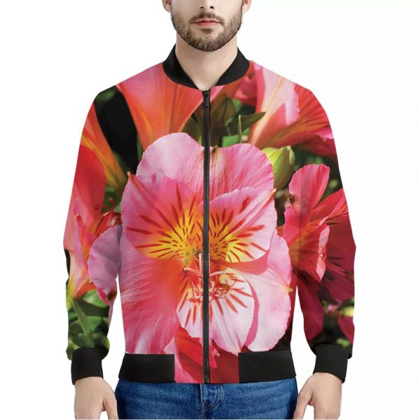 Pink Alstroemeria Print Bomber Jacket
