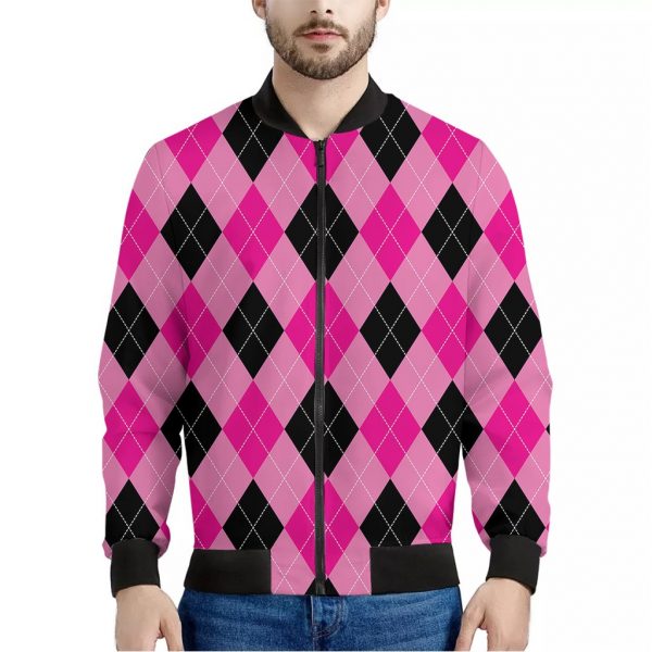 Pink And Black Argyle Pattern Print Bomber Jacket