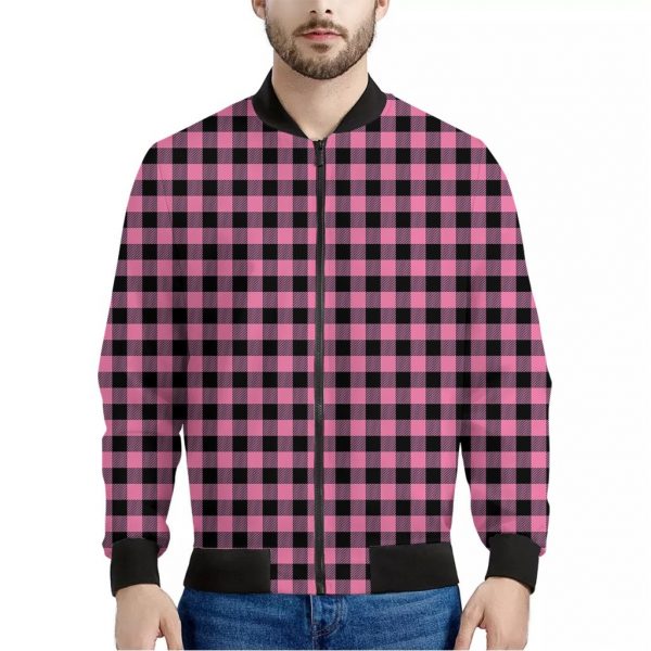 Pink And Black Buffalo Check Print Bomber Jacket