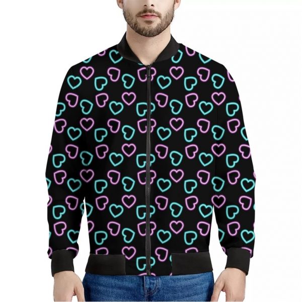 Pink And Blue Lights Heart Pattern Print Bomber Jacket