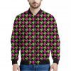 Pink And Green Houndstooth Pattern Print Bomber Jacket