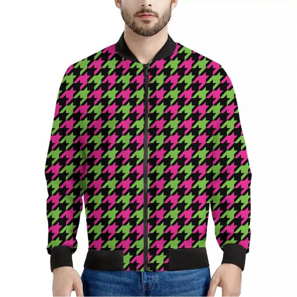 Pink And Green Houndstooth Pattern Print Bomber Jacket