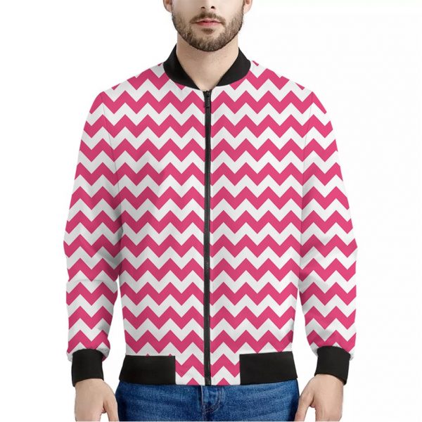 Pink And White Chevron Pattern Print Bomber Jacket