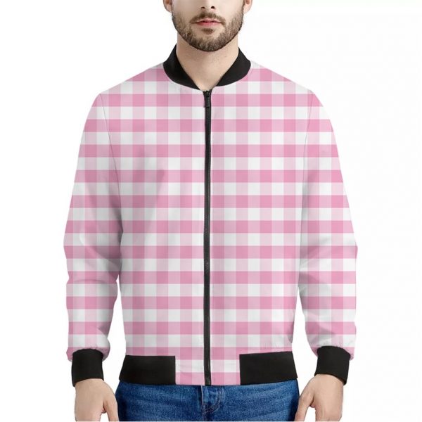 Pink And White Gingham Pattern Print Bomber Jacket
