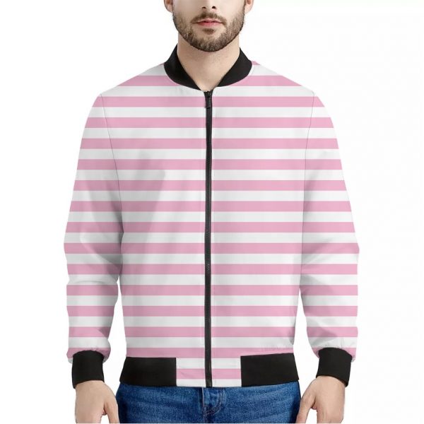 Pink And White Striped Pattern Print Bomber Jacket