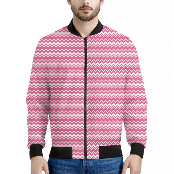 Pink And White Zigzag Pattern Print Bomber Jacket