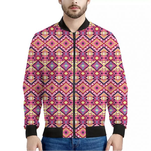 Pink Aztec Geometric Ethnic Pattern Print Bomber Jacket
