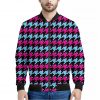 Pink Blue And Black Houndstooth Print Bomber Jacket
