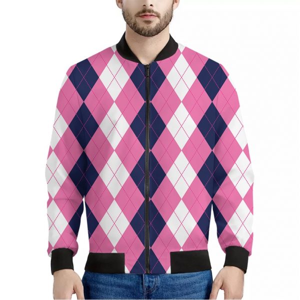 Pink Blue And White Argyle Pattern Print Bomber Jacket