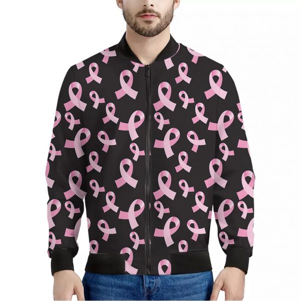 Pink Breast Cancer Ribbon Pattern Print Bomber Jacket