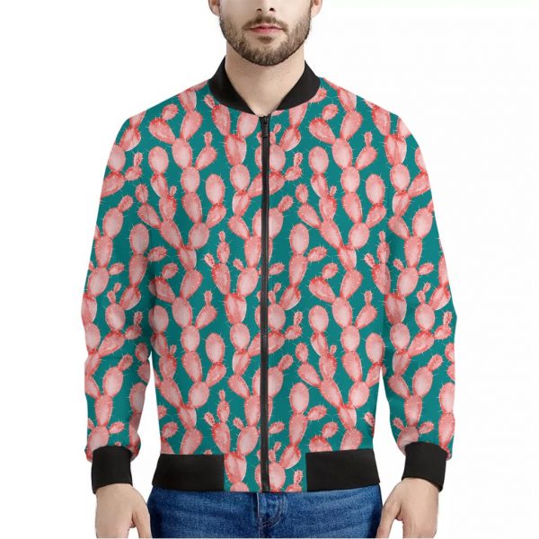 Pink Cactus Pattern Print Bomber Jacket