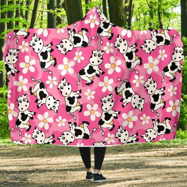 Pink Cartoon Cow Pattern Print Hooded Blanket Cloak Blanket