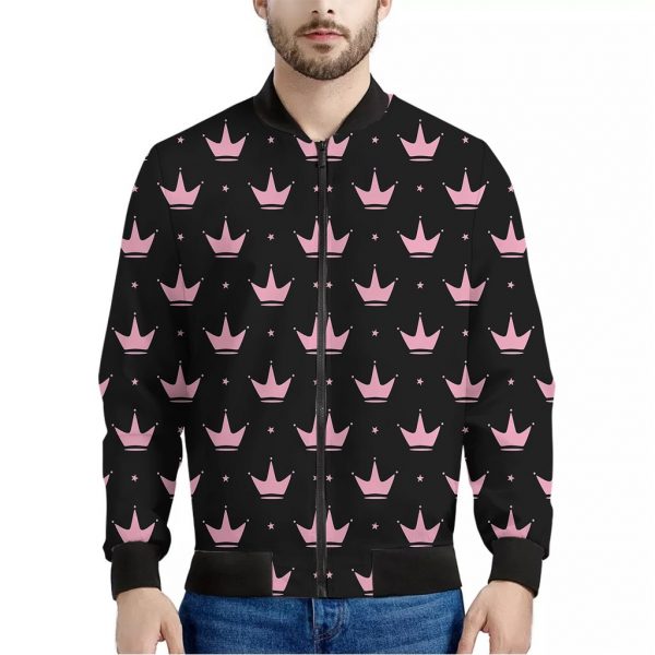 Pink Crown Pattern Print Bomber Jacket