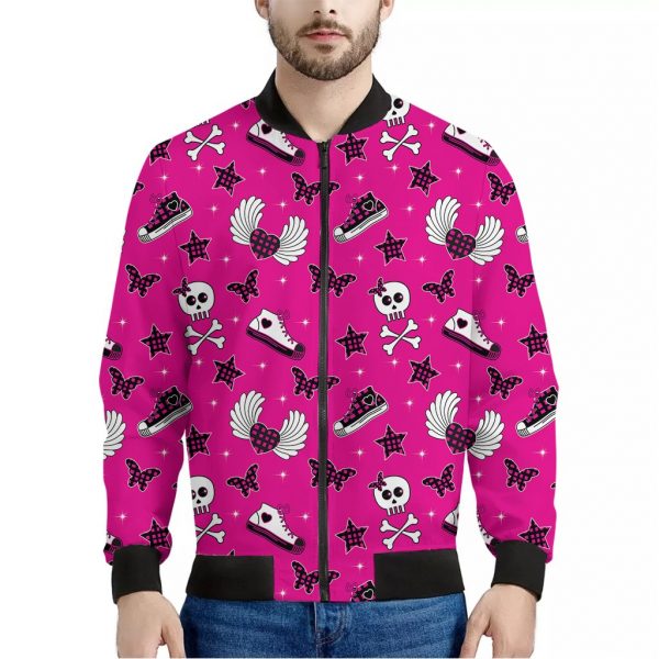 Pink Emo Symbols Pattern Print Bomber Jacket