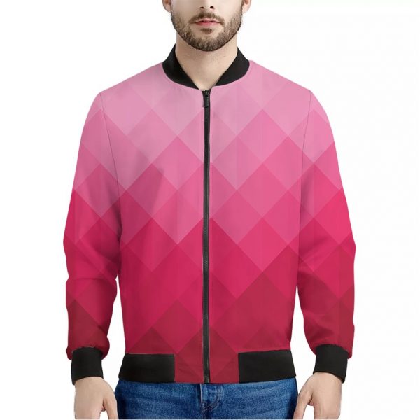 Pink Geometric Square Pattern Print Bomber Jacket