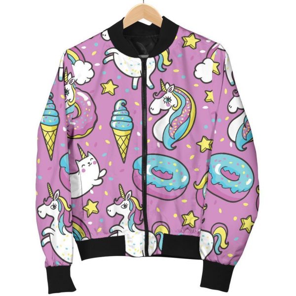 Pink Girly Unicorn Donut Pattern Print Bomber Jacket
