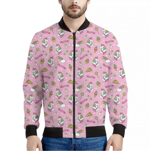 Pink Girly Unicorn Pattern Print Bomber Jacket