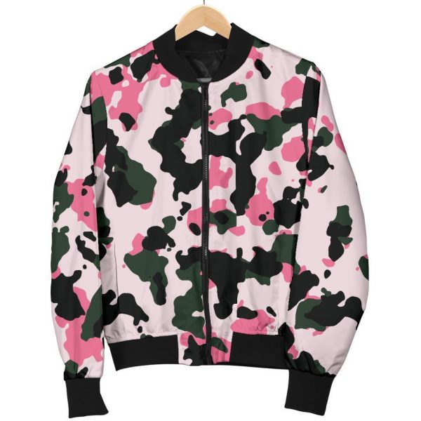 Pink Green And Black Camouflage Print Bomber Jacket