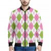 Pink Green And White Argyle Print Bomber Jacket