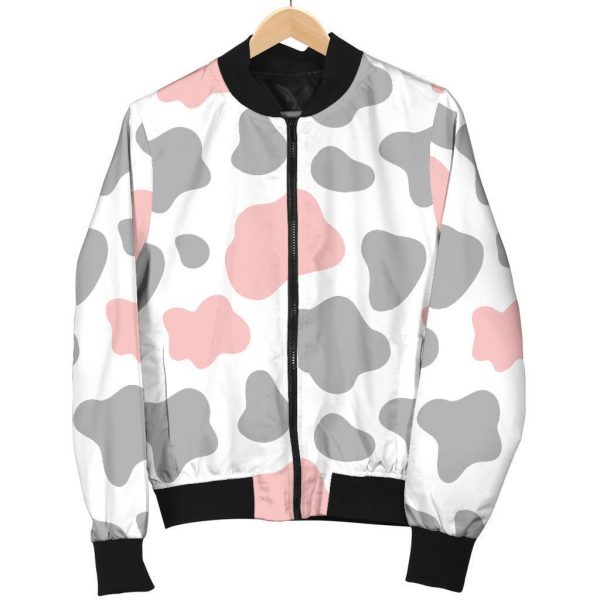 Pink Grey And White Cow Print Bomber Jacket