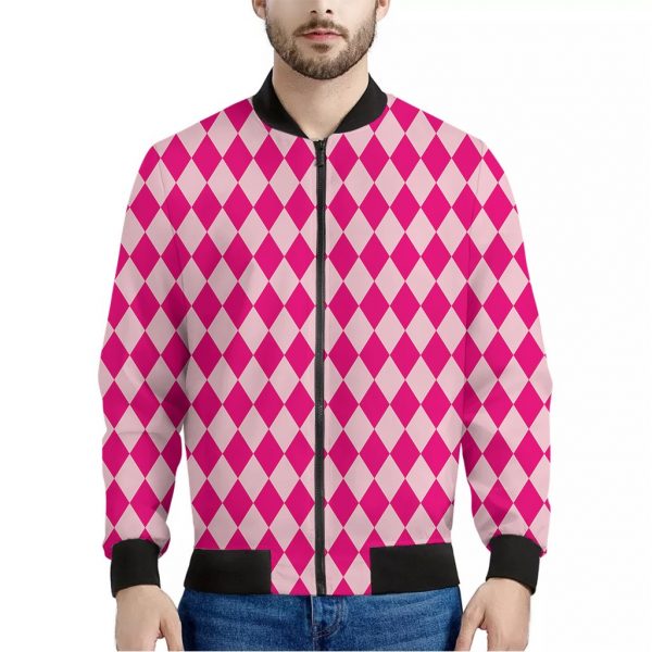 Pink Harlequin Pattern Print Bomber Jacket