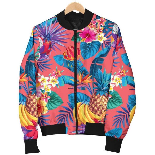 Pink Hawaiian Fruits Pattern Print Bomber Jacket