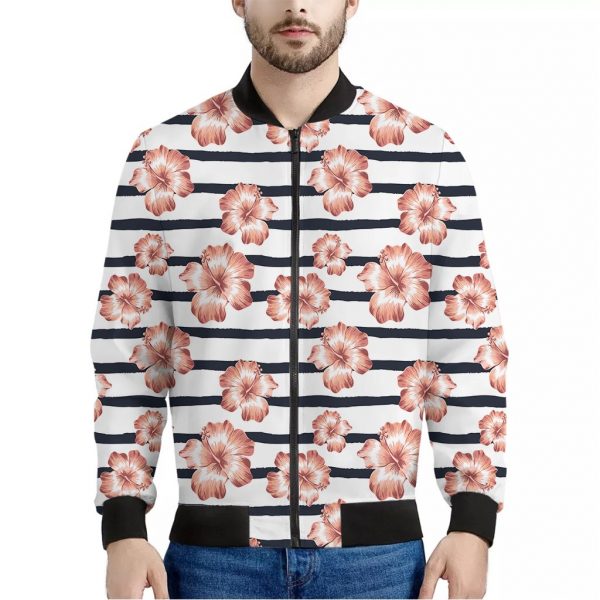 Pink Hibiscus Striped Pattern Print Bomber Jacket