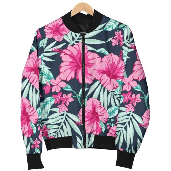 Pink Hibiscus Tropical Pattern Print Bomber Jacket