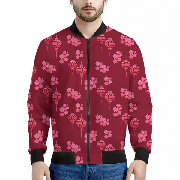 Pink Japanese Lantern Pattern Print Bomber Jacket