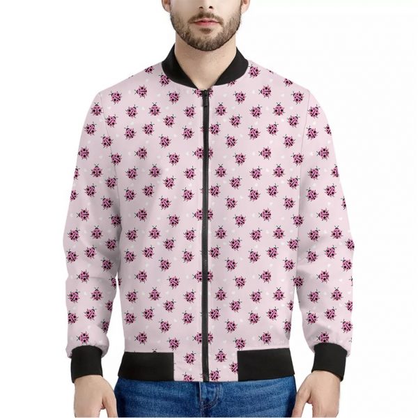Pink Ladybug Pattern Print Bomber Jacket