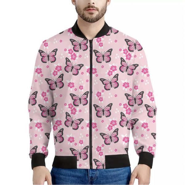 Pink Monarch Butterfly Pattern Print Bomber Jacket