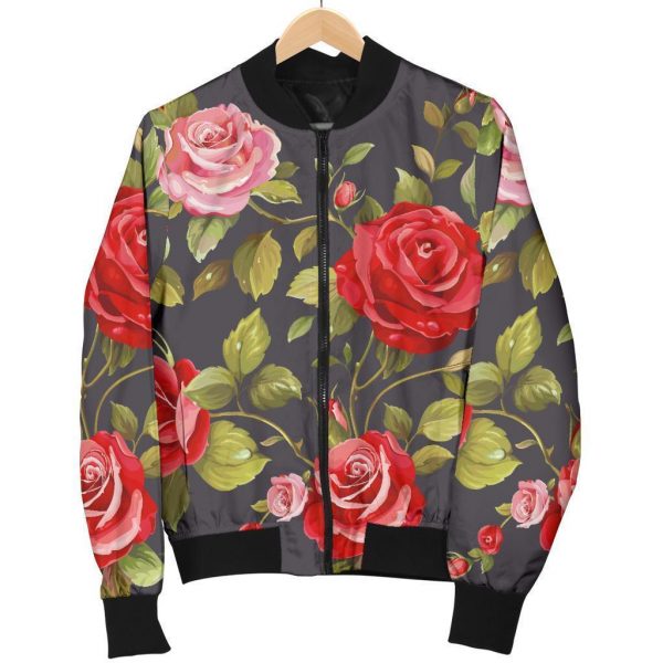 Pink Red Rose Floral Pattern Print Bomber Jacket